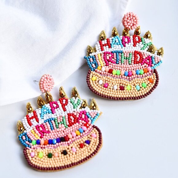Happy Birthday Layer Cake Celebration Beaded Rhinestone Earrings - Picture 2 of 5